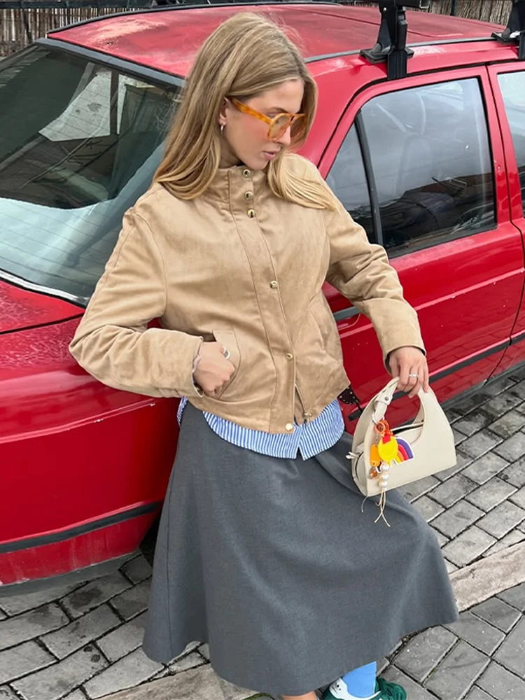 Stand Collar Suede Jacket Coat Khaki Windproof Cargo Outwear Fashion Commuter Casual Vintage Women Leather Bomber Jackets Spring
Stand Collar Suede Jacket Coat Khaki Windproof Cargo Outwear Fashion Commuter Casual Vintage Women Leather Bomber Jackets Spring