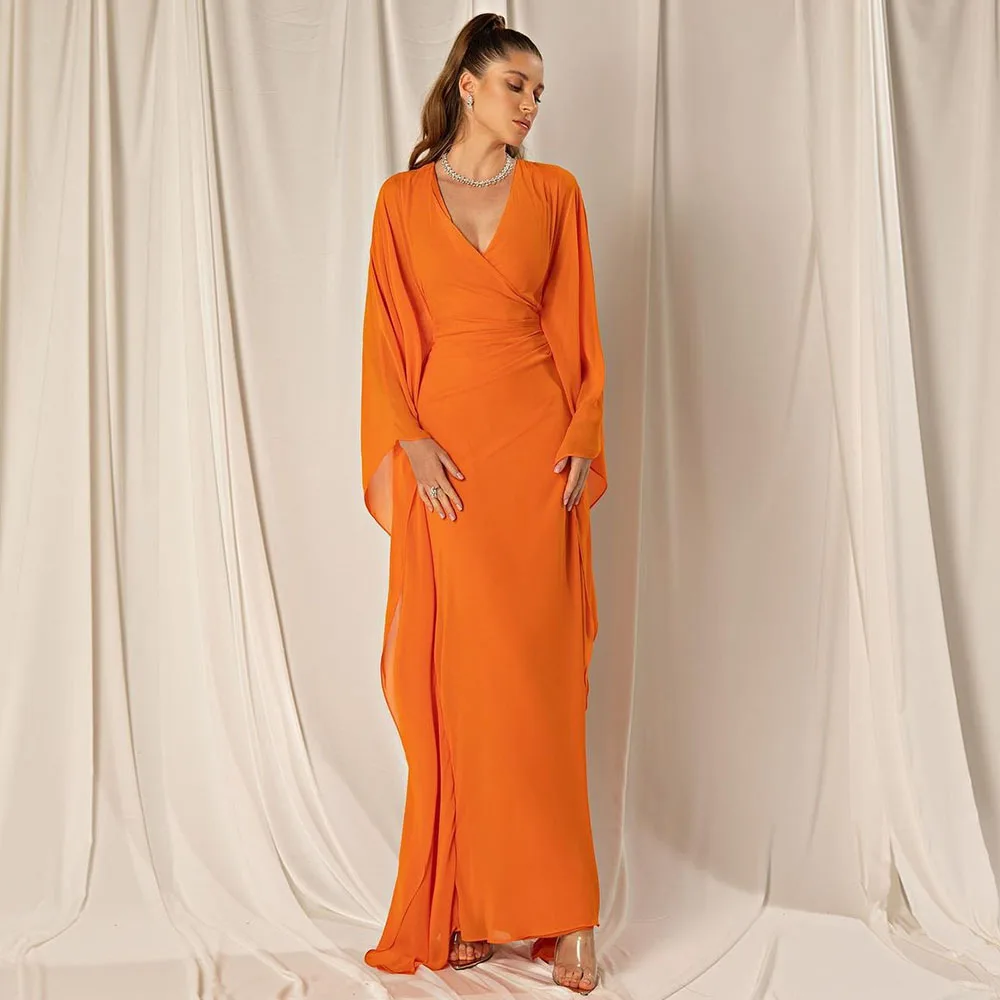 Orange Evening Dress V Neck Chiffon Long Sleeves Column Prom Gown Maxi Bat Sleeves Elegant Formal Party Dress Customized
Orange Evening Dress V Neck Chiffon Long Sleeves Column Prom Gown Maxi Bat Sleeves Elegant Formal Party Dress Customized
