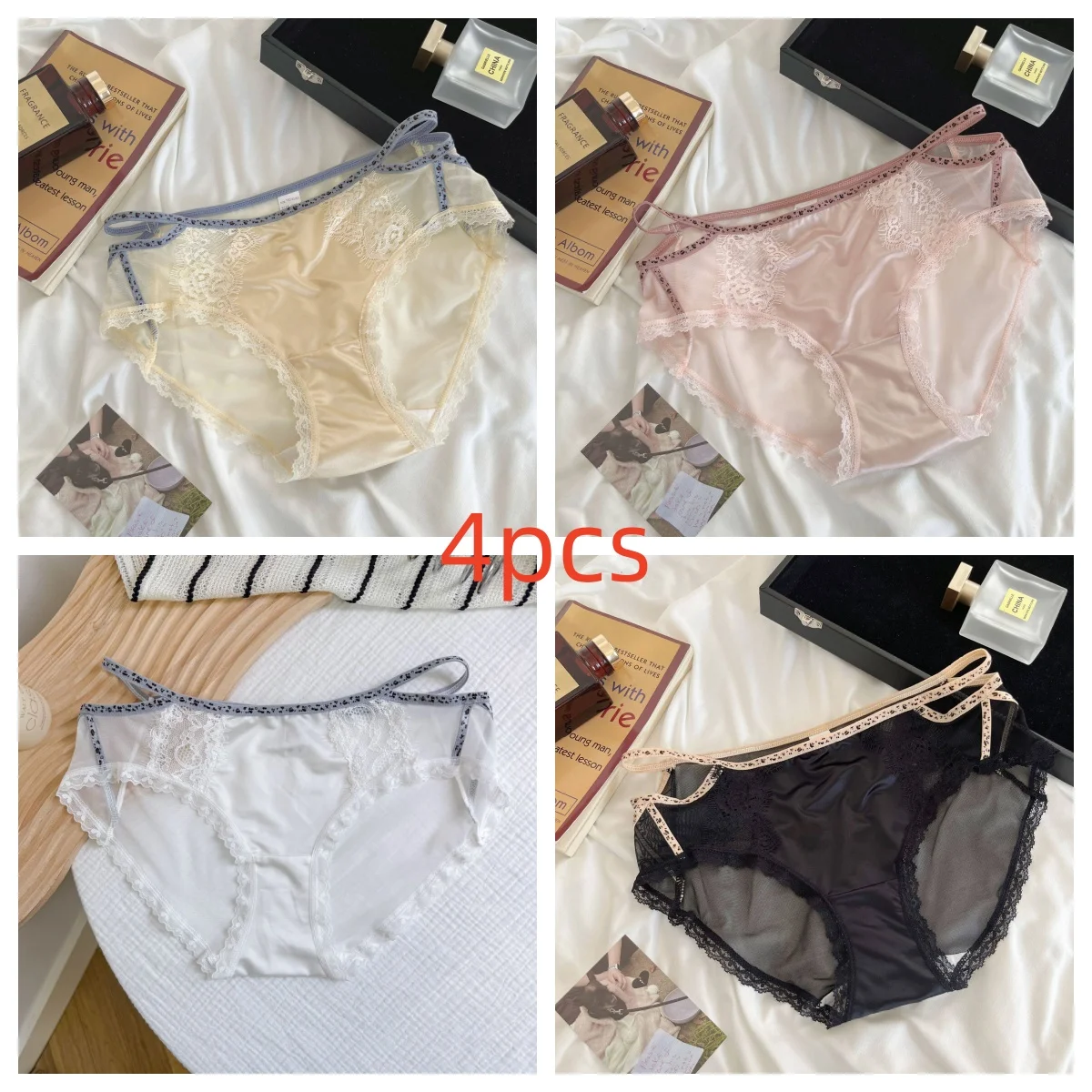 4pcs Luxury Satin Ice Silk Women Briefs Japanese Style Sheer Mesh Lace Panties Sexy Skin-Friendly Comfortable Ladies Underwear
4pcs Luxury Satin Ice Silk Women Briefs Japanese Style Sheer Mesh Lace Panties Sexy Skin-Friendly Comfortable Ladies Underwear