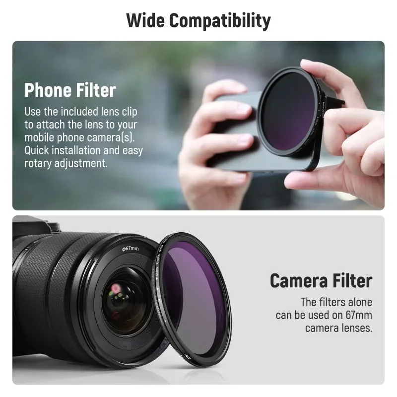 67mm Clip On Variable ND2-ND32 Phone Lens Filter Kit, Phone Clip with Threaded Adapter Ring/Cold Shoe/Locking Knob
67mm Clip On Variable ND2-ND32 Phone Lens Filter Kit, Phone Clip with Threaded Adapter Ring/Cold Shoe/Locking Knob