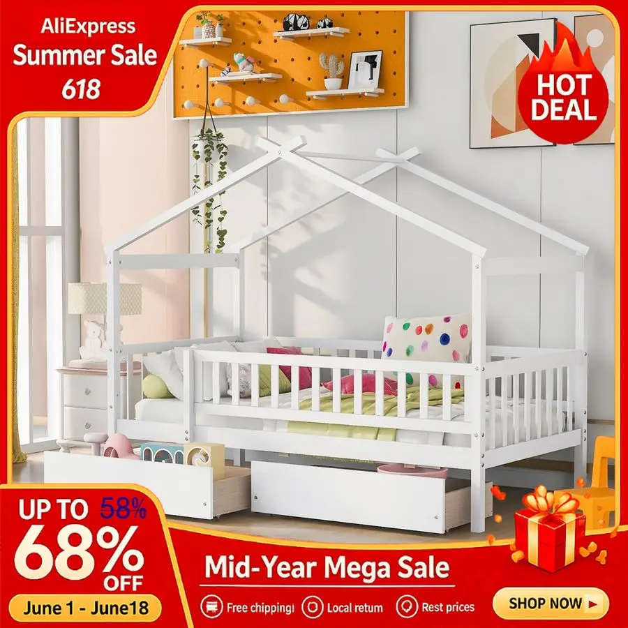 Twin House Beds with 2 Storage Drawers, White Kids Bed Frame with Rails and Roof,Tent Beds Wooden Daybed, Twin Montes
Twin House Beds with 2 Storage Drawers, White Kids Bed Frame with Rails and Roof,Tent Beds Wooden Daybed, Twin Montes