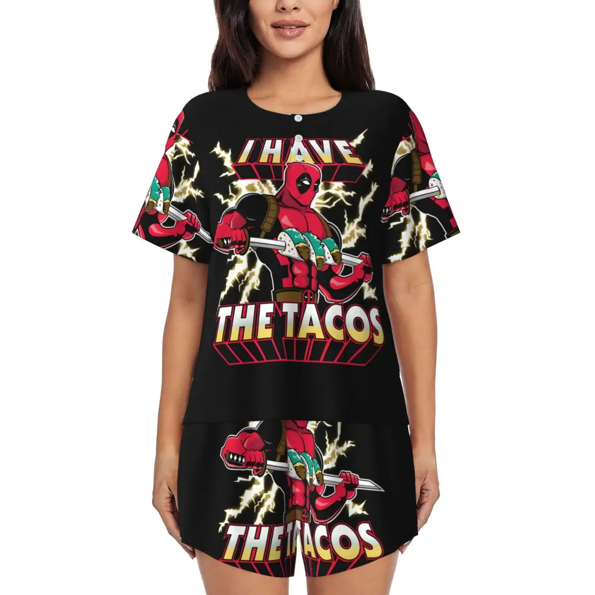 Женские пижамные комплекты I Have The Tacos Deadpool, комплект из 2 предметов, пижамы с короткими рукавами и шортами, одежда для сна
Женские пижамные комплекты I Have The Tacos Deadpool, комплект из 2 предметов, пижамы с короткими рукавами и шортами, одежда для сна