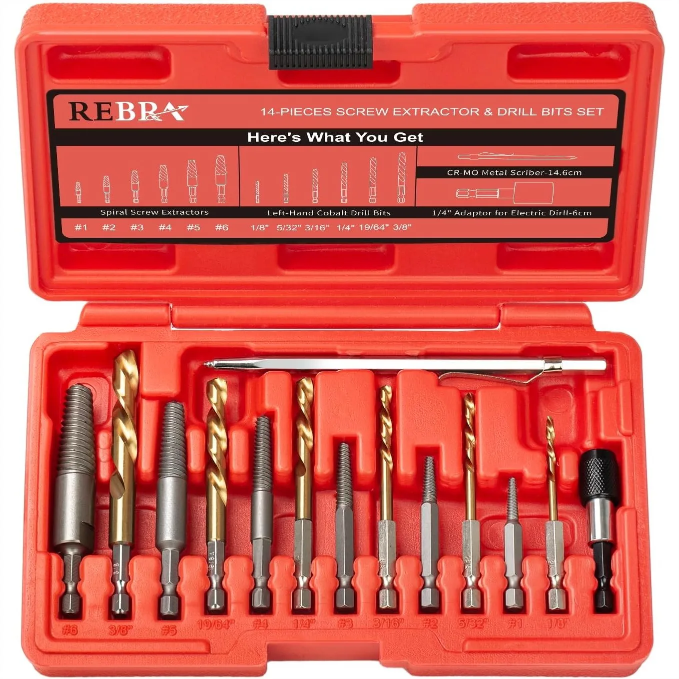 Screw Extractor and Left-Hand Drill Bit Set, Reverse Cobalt HSS Steel Kit for Easy Broken Bolt Removal (14-Pieces)
Screw Extractor and Left-Hand Drill Bit Set, Reverse Cobalt HSS Steel Kit for Easy Broken Bolt Removal (14-Pieces)