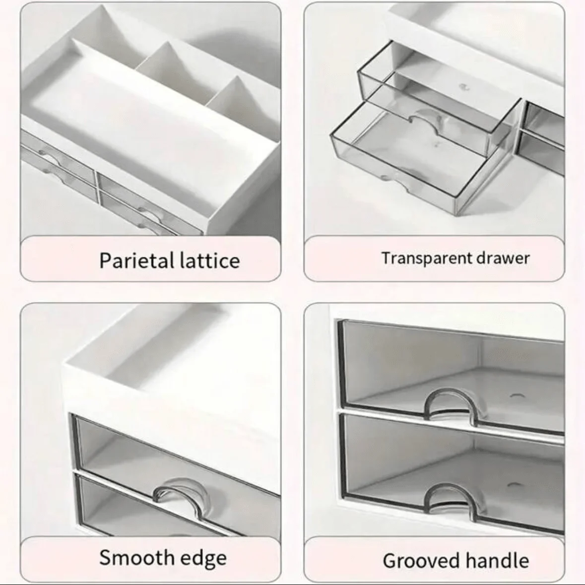 4-Drawer White Cosmetic Organizer With Transparent Drawers And Grooved Handles
4-Drawer White Cosmetic Organizer With Transparent Drawers And Grooved Handles