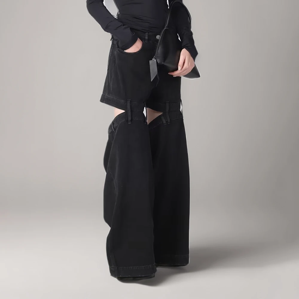 Джинсы Женские однотонные с вырезами, повседневные широкие джинсы на молнии в стиле пэчворк, с завышенной талией, модная одежда в минималистичном стиле 
Джинсы Женские однотонные с вырезами, повседневные широкие джинсы на молнии в стиле пэчворк, с завышенной талией, модная одежда в минималистичном стиле