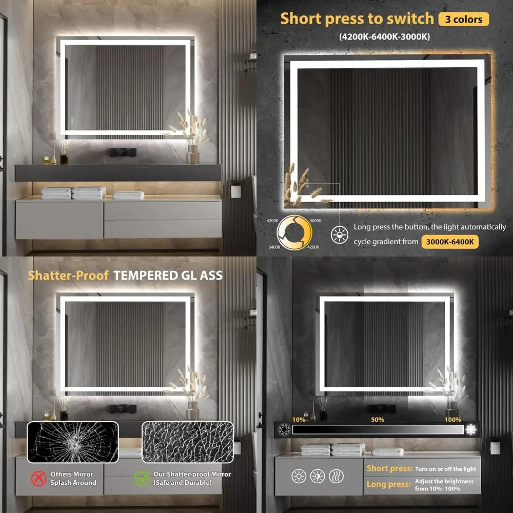 Противотуманное светодиодное зеркало для ванной комнаты с регулируемой яркостью 48x36 дюймов, устойчивое к разрушению, с функцией памяти для настенного монтажа
Противотуманное светодиодное зеркало для ванной комнаты с регулируемой яркостью 48x36 дюймов, устойчивое к разрушению, с функцией памяти для настенного монтажа