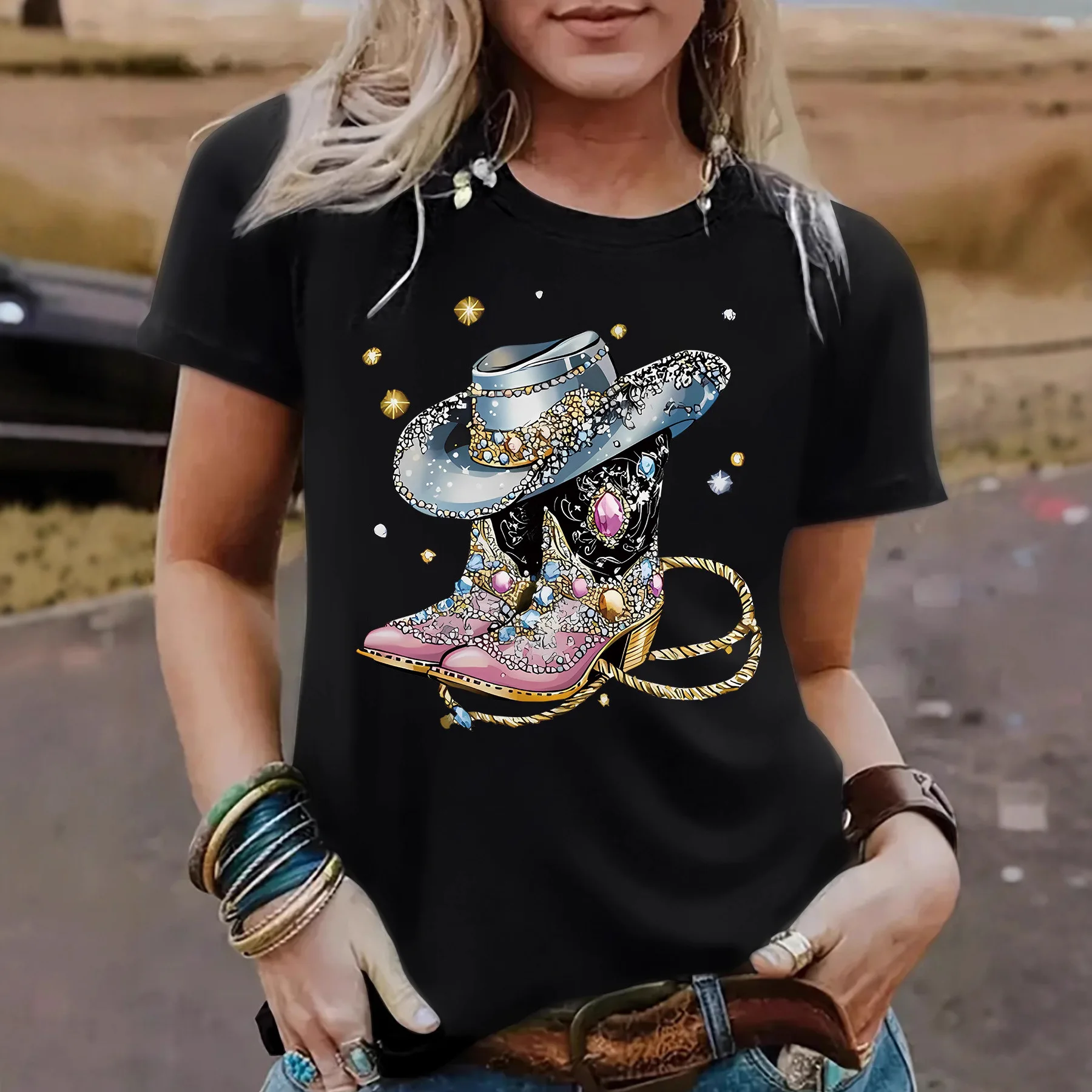 Cotton 100% Hot-selling Round-neck Short-sleeved Women's T-shirt, Denim Hat and Denim Boots Printed Summer Comfortable T-shirt
Cotton 100% Hot-selling Round-neck Short-sleeved Women's T-shirt, Denim Hat and Denim Boots Printed Summer Comfortable T-shirt