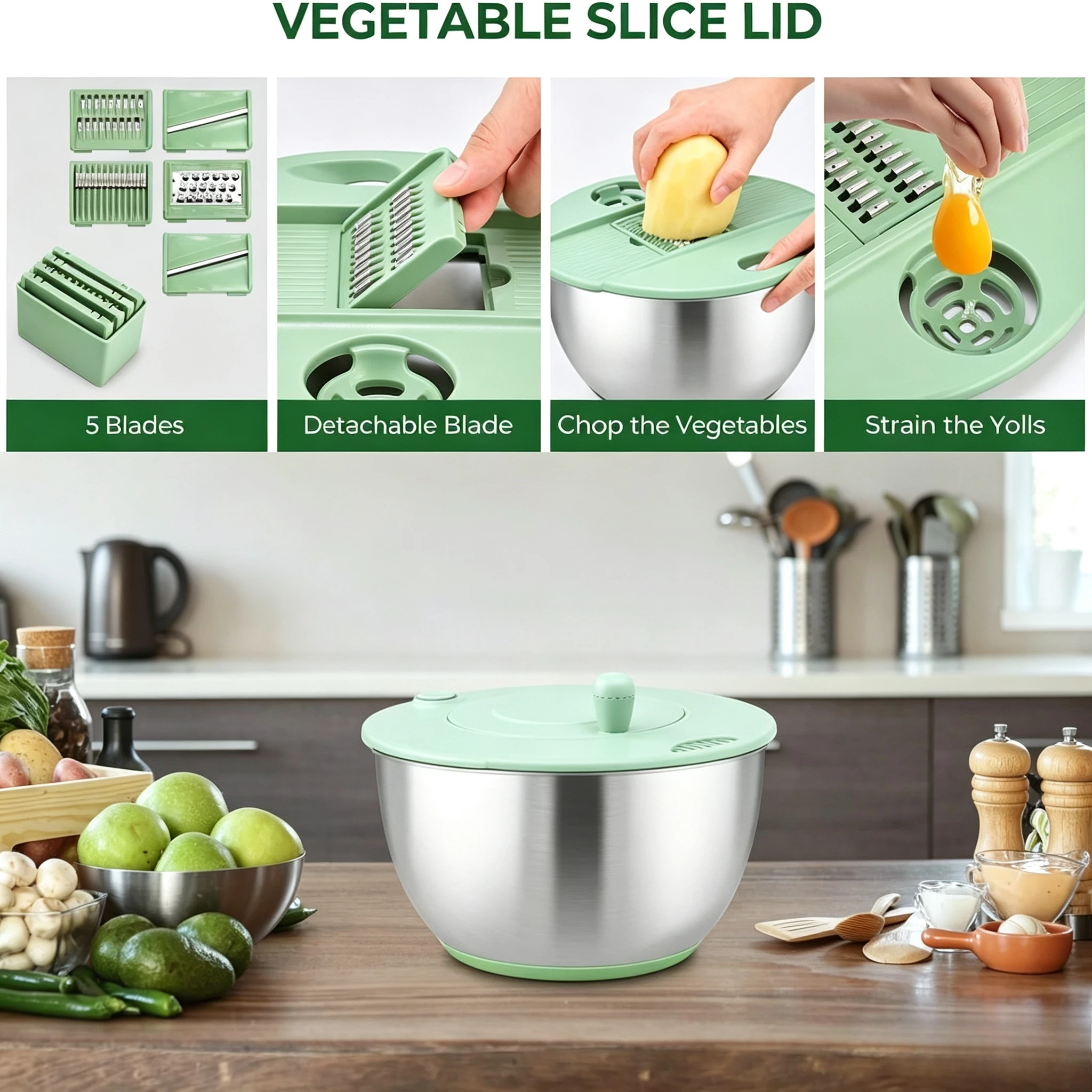 Stainless Steel Salad Spinner Large, Vegetables Wash Bowl, Fruits & Herb Lettuce Dryer With 5 Blade Slicer Egg Yolk Stra
Stainless Steel Salad Spinner Large, Vegetables Wash Bowl, Fruits & Herb Lettuce Dryer With 5 Blade Slicer Egg Yolk Stra