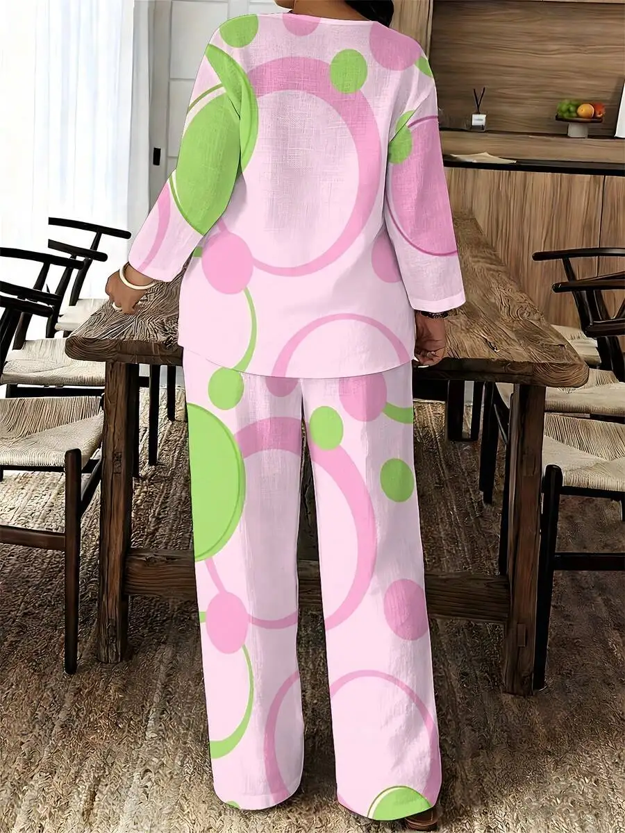 Womens Pink Green Large Dot Print V-Neck Loose Fit Long Pants Set Casual Summer Outfit
Womens Pink Green Large Dot Print V-Neck Loose Fit Long Pants Set Casual Summer Outfit