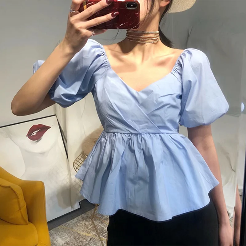 Summer Short Doll Shirt Women's Bubble Sleeve Lantern Sleeve V-neck Shoulder-baring White Princess Style Sweet Wind Blouse Top
Summer Short Doll Shirt Women's Bubble Sleeve Lantern Sleeve V-neck Shoulder-baring White Princess Style Sweet Wind Blouse Top
