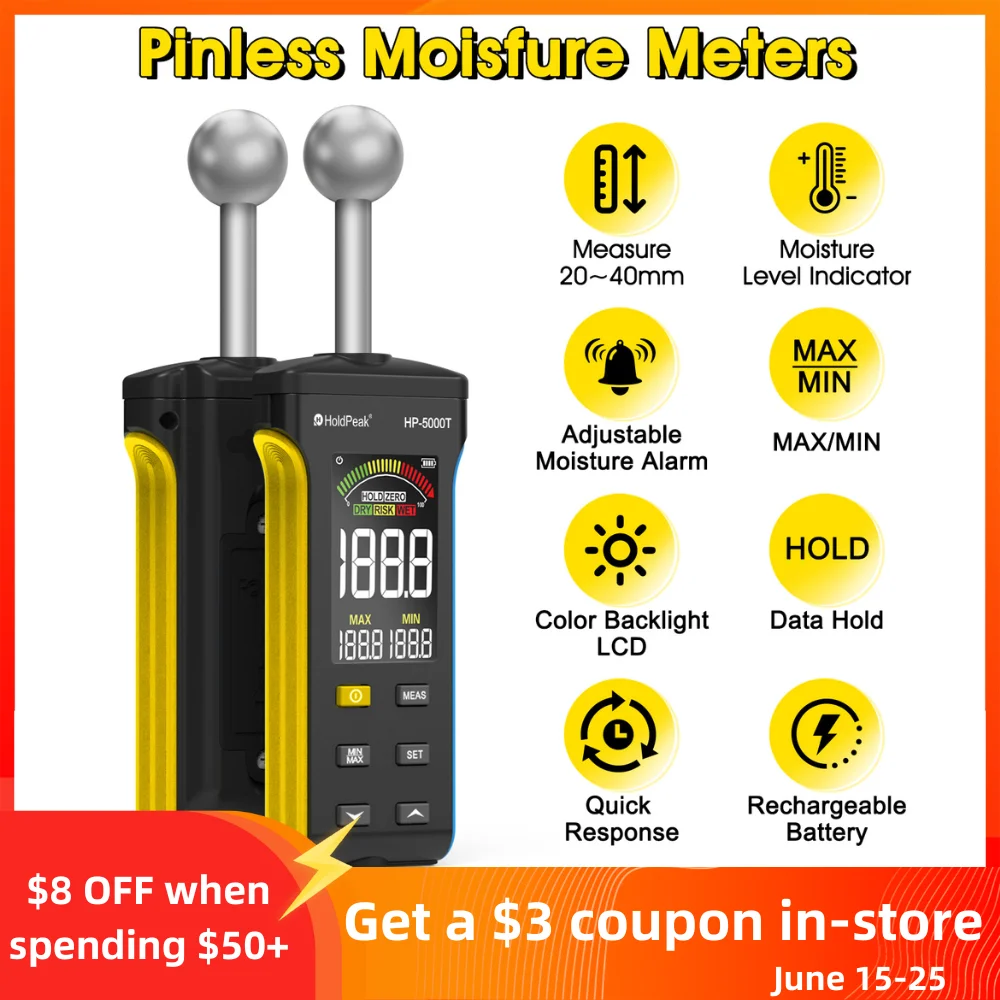 Damp Meter, Wood Moisture Meter for Walls, Wood, Masonry and Concrete with Color LCD Display and Alarm Moisture Reader, HP-5000T
Damp Meter, Wood Moisture Meter for Walls, Wood, Masonry and Concrete with Color LCD Display and Alarm Moisture Reader, HP-5000T