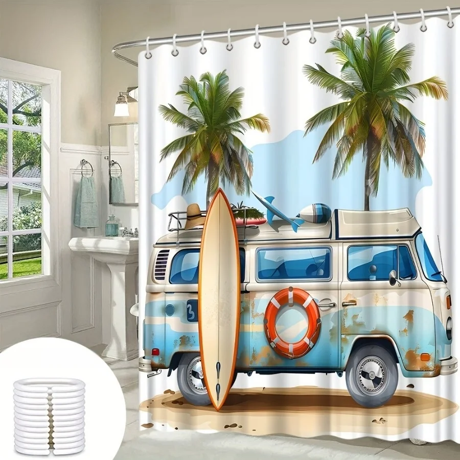 Винтажный дорожный фургон с пальмами и доской для серфинга, тема тропического океана, перегородка для ванны из полиэстера с 12 крючками, Mach
Винтажный дорожный фургон с пальмами и доской для серфинга, тема тропического океана, перегородка для ванны из полиэстера с 12 крючками, Mach