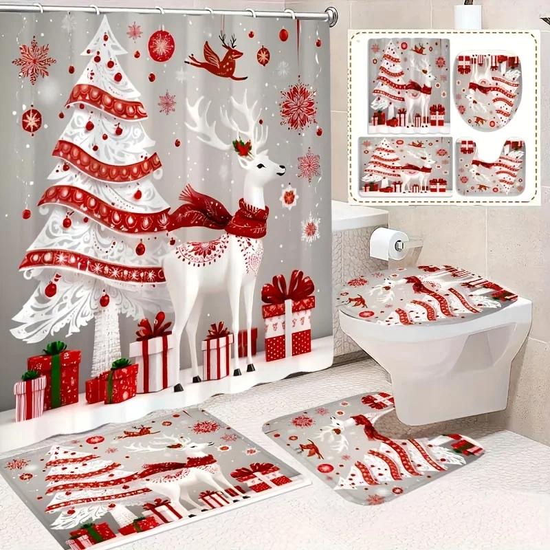 Набор рождественских занавесок для душа из 4 предметов с нескользящими ковриками и чехлами для унитаза, высококачественные прочные крючки, универсальный декор для ванной комнаты 
Набор рождественских занавесок для душа из 4 предметов с нескользящими ковриками и чехлами для унитаза, высококачественные прочные крючки, универсальный декор для ванной комнаты