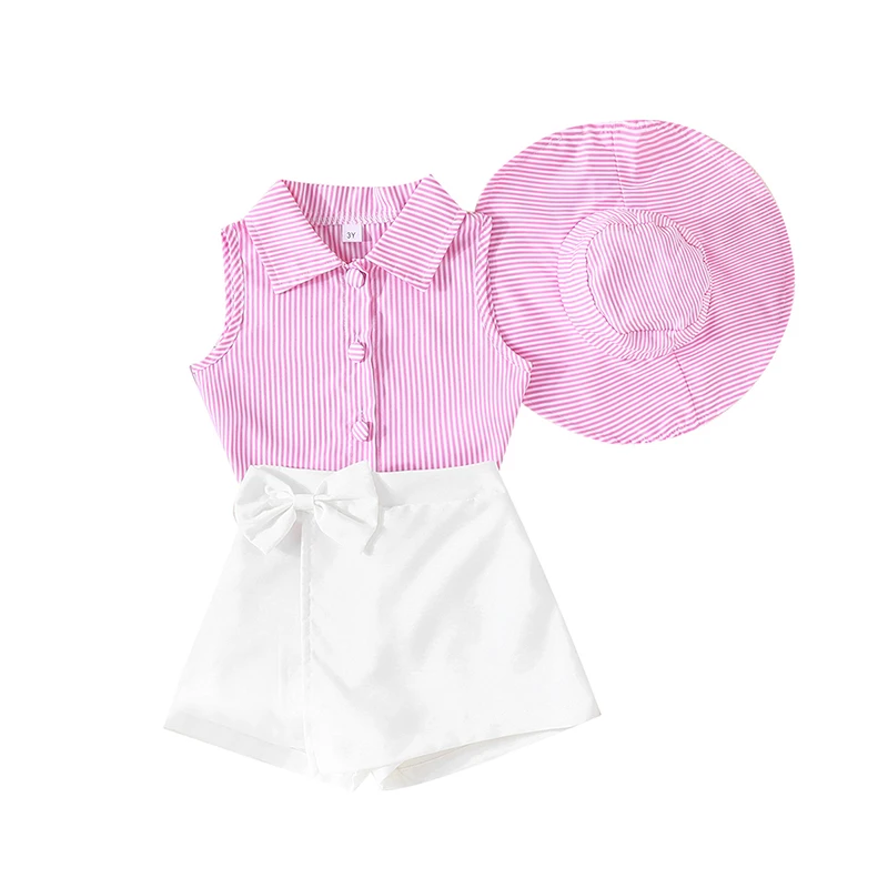 Kids Girl Summer Outfits Stripe Turn-Down Collar Shirts Sleeveless Tank Tops Bowknot Shorts Sun Hat 3Pcs Clothes Set
Kids Girl Summer Outfits Stripe Turn-Down Collar Shirts Sleeveless Tank Tops Bowknot Shorts Sun Hat 3Pcs Clothes Set