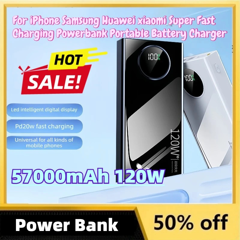 High Capacity 57000mAh 120W Power Bank for IPhone Samsung Huawei Xiaomi Super Fast Charging Powerbank Portable Battery Charger
High Capacity 57000mAh 120W Power Bank for IPhone Samsung Huawei Xiaomi Super Fast Charging Powerbank Portable Battery Charger