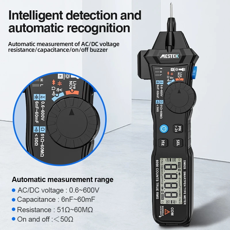 MESTEK Digital Multimeter 6000 Counts Pocket Pen Style Auto Range/Smart Multimeter NCV Detection DC/AC Voltage multimeter
MESTEK Digital Multimeter 6000 Counts Pocket Pen Style Auto Range/Smart Multimeter NCV Detection DC/AC Voltage multimeter