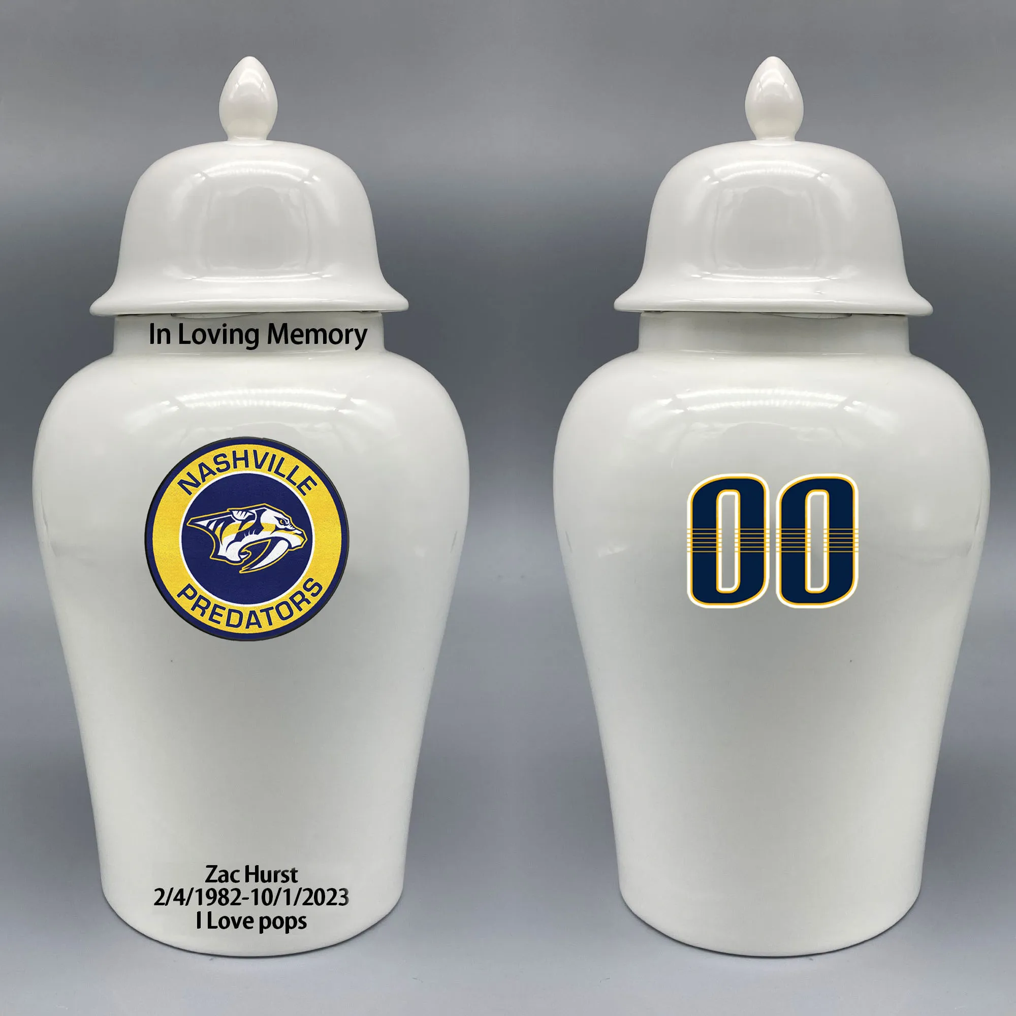 Large Urn for Nashville Predators-themed Hockey Urn.Please send me the customize information-name/date and number on the urn
Large Urn for Nashville Predators-themed Hockey Urn.Please send me the customize information-name/date and number on the urn
