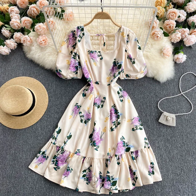 Summer Women's Dress French Retro Square Neck Puff Sleeve Open Back Print Ruffle Dress New Waist Female Slim Dresses DE505
Summer Women's Dress French Retro Square Neck Puff Sleeve Open Back Print Ruffle Dress New Waist Female Slim Dresses DE505