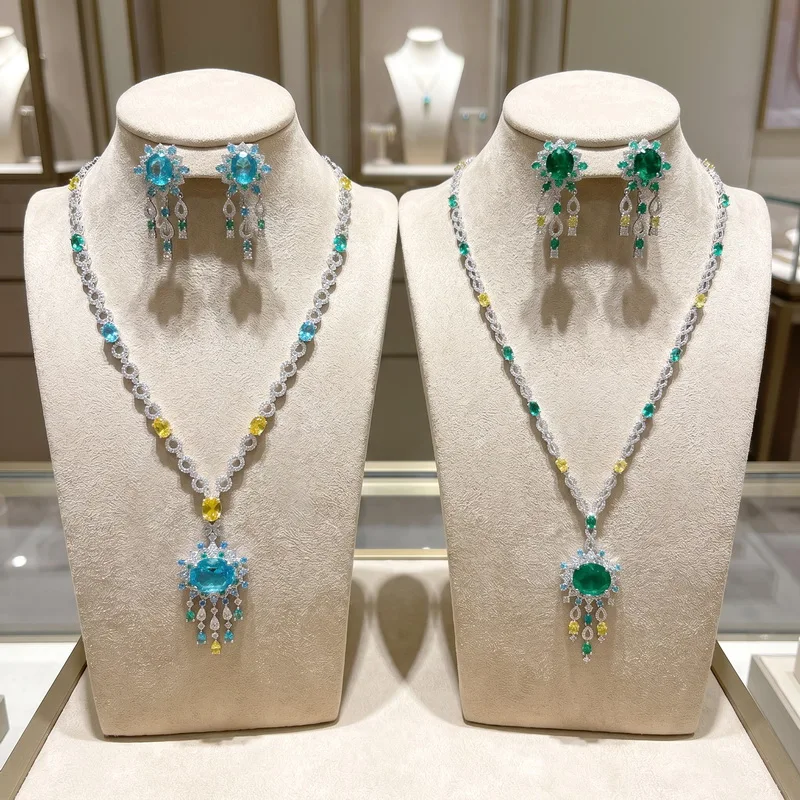 Europe America Earrings Necklace Women Lady Inlay Cubic Zircon Synthetic Emerald Aquamarine Oval Pendant Party Jewelry Sets
Europe America Earrings Necklace Women Lady Inlay Cubic Zircon Synthetic Emerald Aquamarine Oval Pendant Party Jewelry Sets