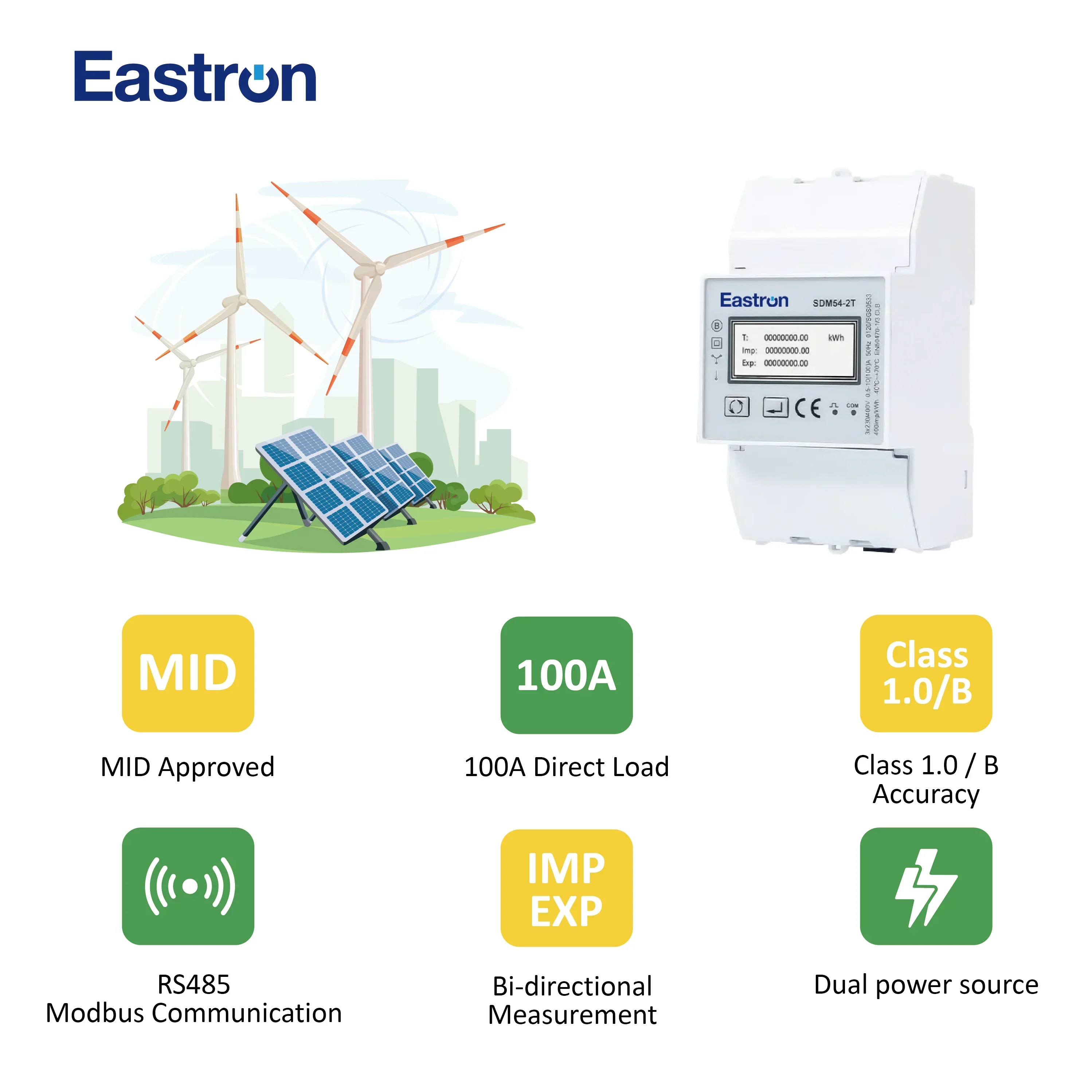 MAYATANGMMEastron SDM54-2T Двунаправленный двухтарифный измеритель энергопотребления класса B
MAYATANGMMEastron SDM54-2T Двунаправленный двухтарифный измеритель энергопотребления класса B