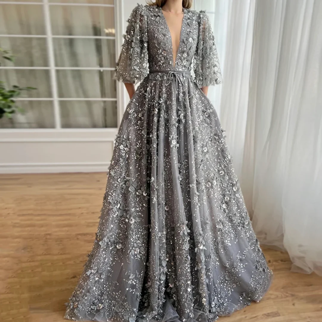 Luxury V Neck Beading Sequined Flower A Line Special Occasion Dresses Shinny Prom Gown for Party Grey Evening Dress Customized 
Luxury V Neck Beading Sequined Flower A Line Special Occasion Dresses Shinny Prom Gown for Party Grey Evening Dress Customized