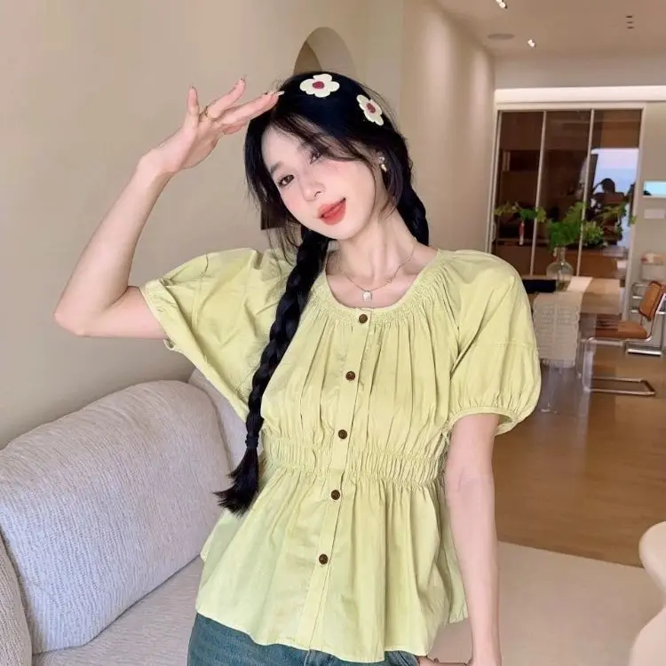 Fresh and Delicate Green Puff Sleeve Blouse for Women Summer Korean Design Short-sleeved Shirt Waist-cinching Slimming Short-top
Fresh and Delicate Green Puff Sleeve Blouse for Women Summer Korean Design Short-sleeved Shirt Waist-cinching Slimming Short-top