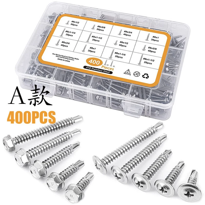420/400/380/200/185Pcs 410 Stainless Steel Hex Head Self Drilling Screws Assortment Kit Hexagon Drill Tail Self Tapping Screw
420/400/380/200/185Pcs 410 Stainless Steel Hex Head Self Drilling Screws Assortment Kit Hexagon Drill Tail Self Tapping Screw