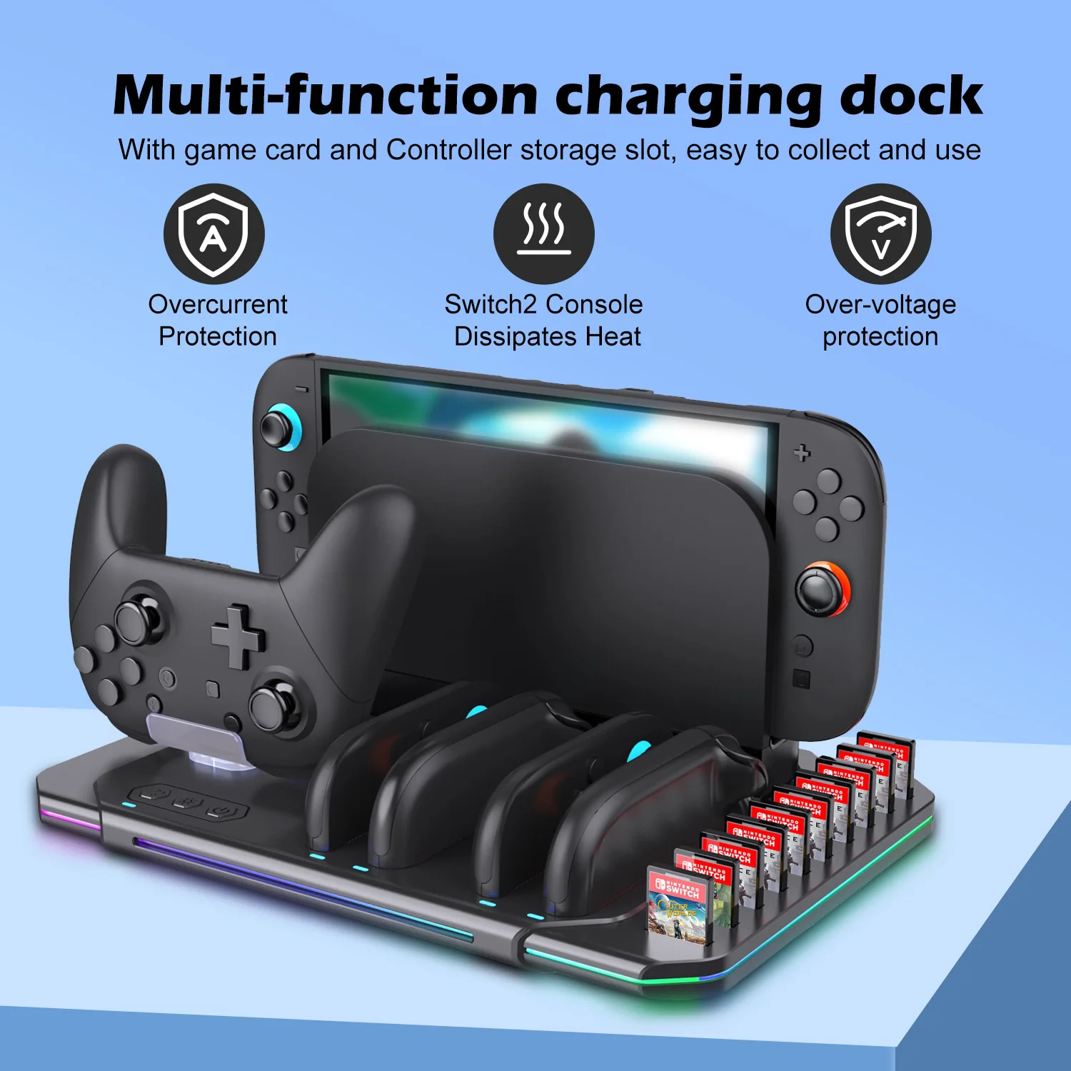 Многофункциональная охлаждающая и зарядная подставка для N-Switch2 с вентилятором и 10 слотами для игровых карт
Многофункциональная охлаждающая и зарядная подставка для N-Switch2 с вентилятором и 10 слотами для игровых карт