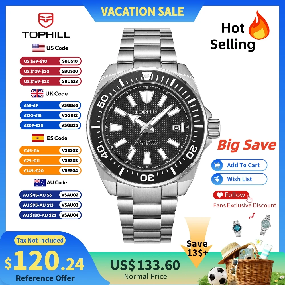 TOPHILL Men Diving Watch NH35 43.8mm Automatic Aluminum Bezel Oil Pressured Waffle Dial 300M Waterproof C3 Luminous Reloj TD008G
TOPHILL Men Diving Watch NH35 43.8mm Automatic Aluminum Bezel Oil Pressured Waffle Dial 300M Waterproof C3 Luminous Reloj TD008G