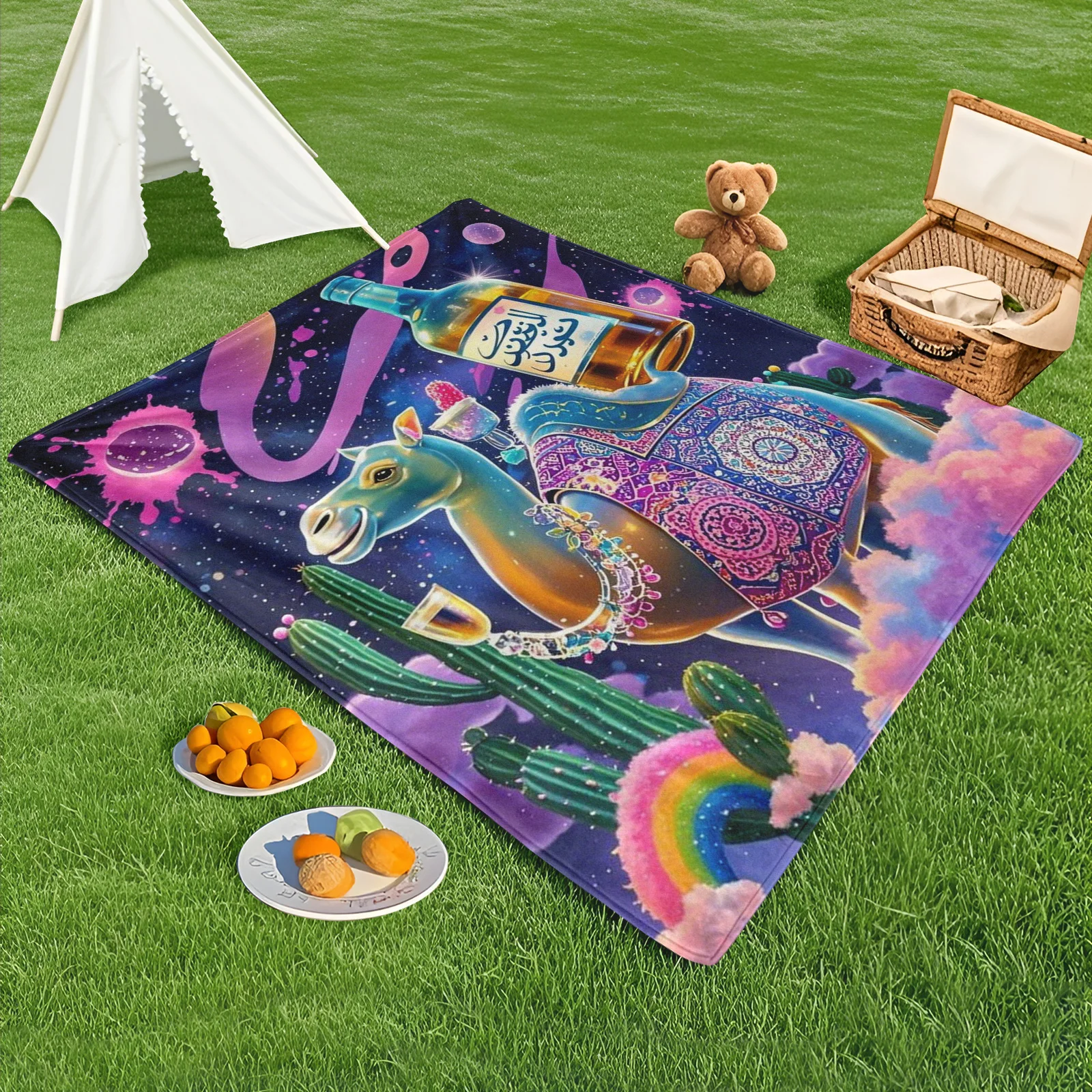 Camel And Wine Bottle Design Blanket With Arabic Patterns In Soft Pink And Purple For Outdoor Gatherings And Picnics
Camel And Wine Bottle Design Blanket With Arabic Patterns In Soft Pink And Purple For Outdoor Gatherings And Picnics