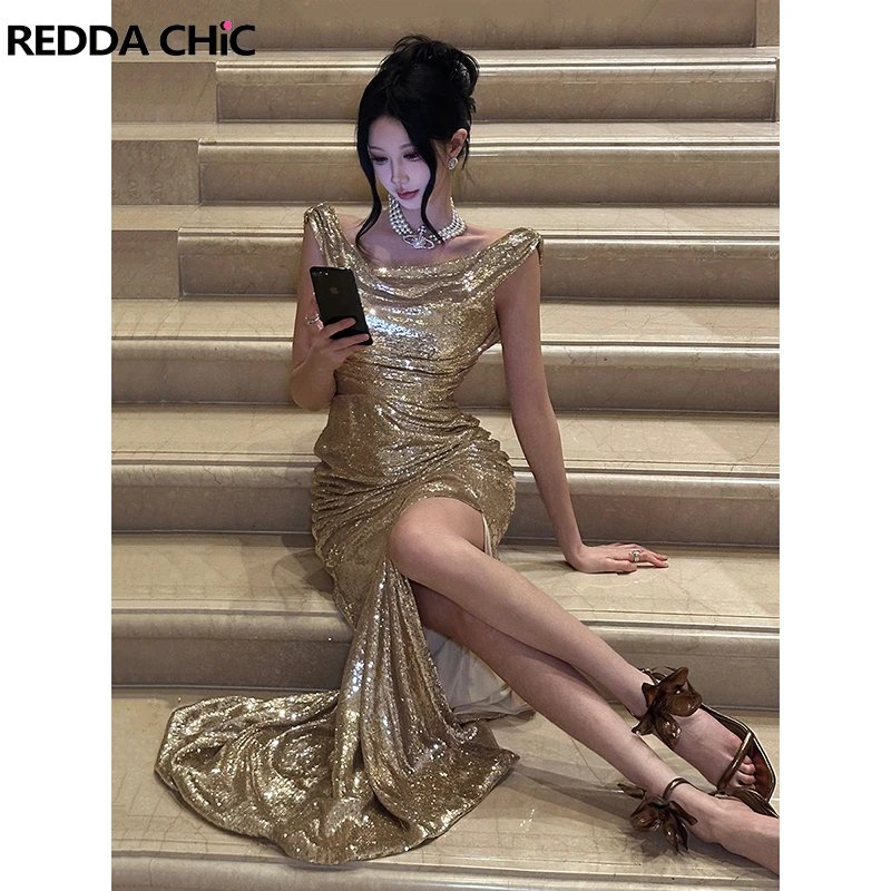 ReddaChic Luxury Gold Sequin Dress Women Party Gown Cowl Neck Backless Split Long Maxi Evening Dress Sparkly Prom Formal Clothes
ReddaChic Luxury Gold Sequin Dress Women Party Gown Cowl Neck Backless Split Long Maxi Evening Dress Sparkly Prom Formal Clothes
