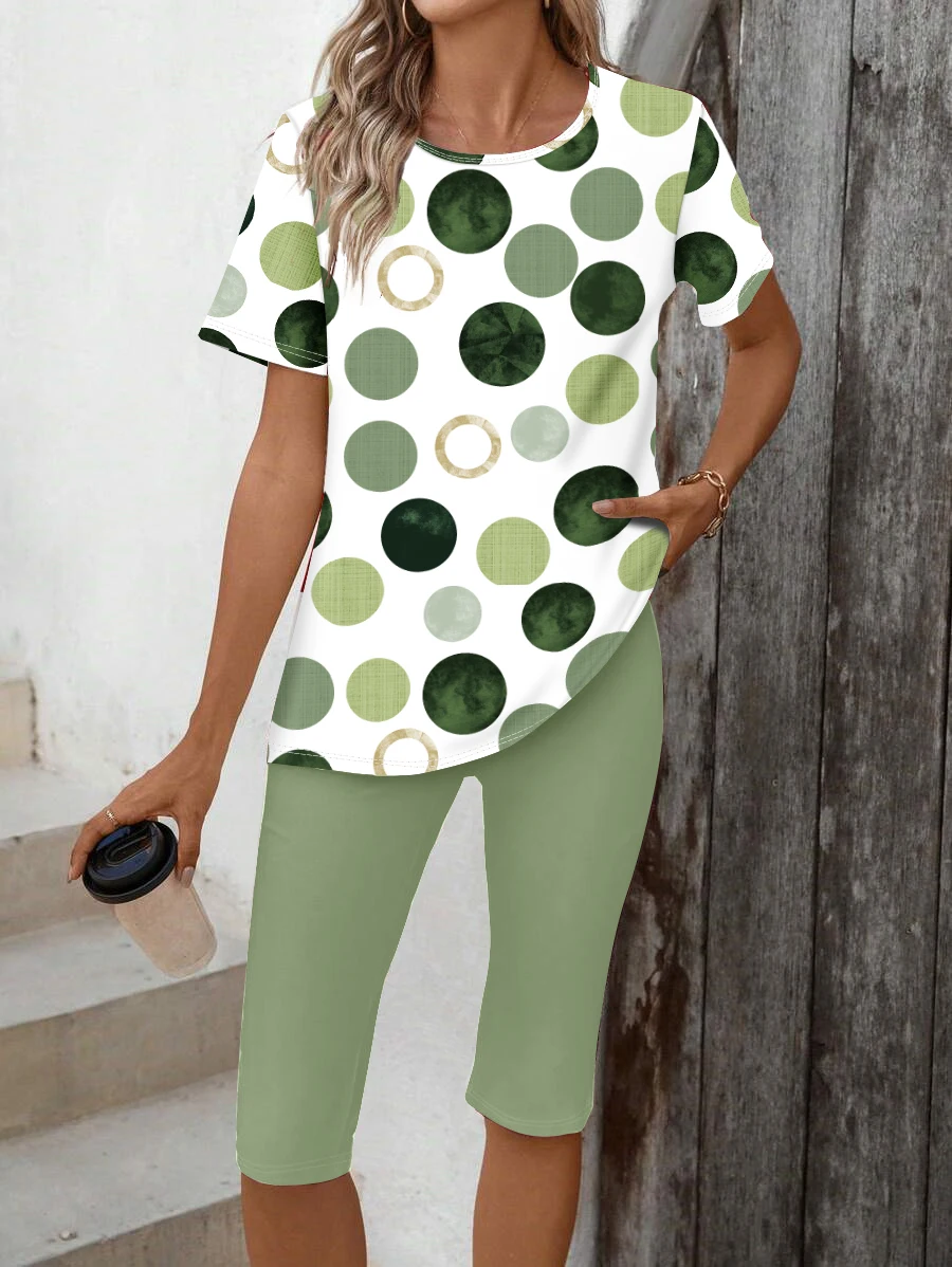 Ladies' Elegant Polka Dot Print Short-Sleeved Round Neck T-Shirt + Pants Two-Piece Set
Ladies' Elegant Polka Dot Print Short-Sleeved Round Neck T-Shirt + Pants Two-Piece Set