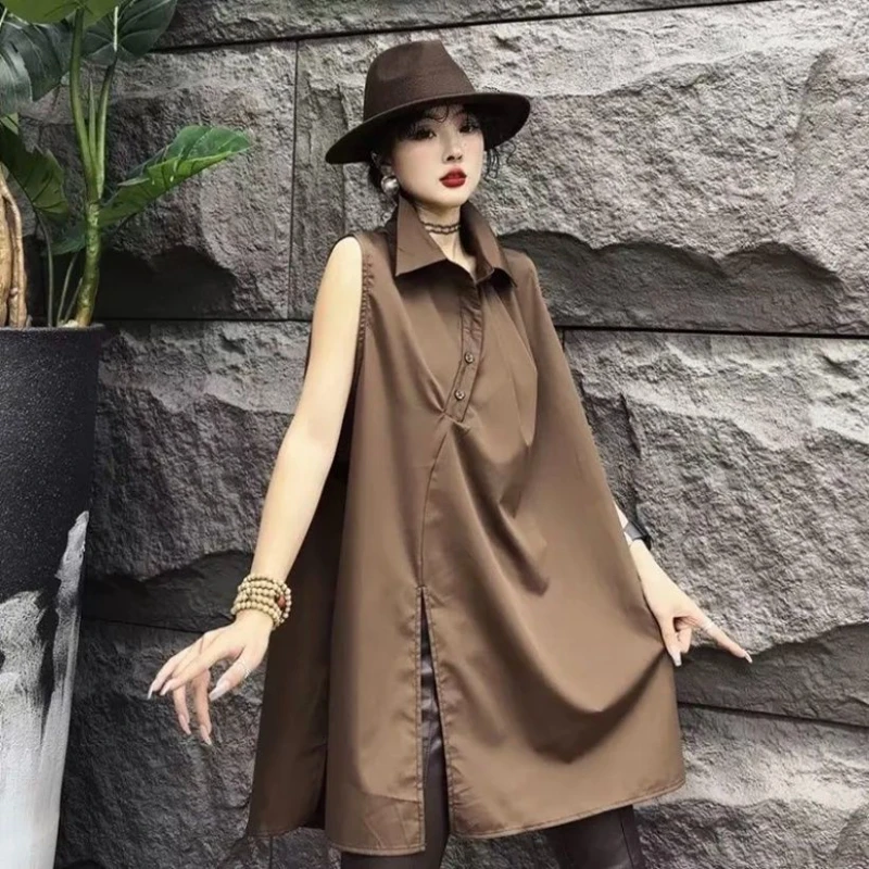 New Casual Top Shirt Solid Color Mid-length Korean Women's Fashionable Sleeveless Shirt
New Casual Top Shirt Solid Color Mid-length Korean Women's Fashionable Sleeveless Shirt