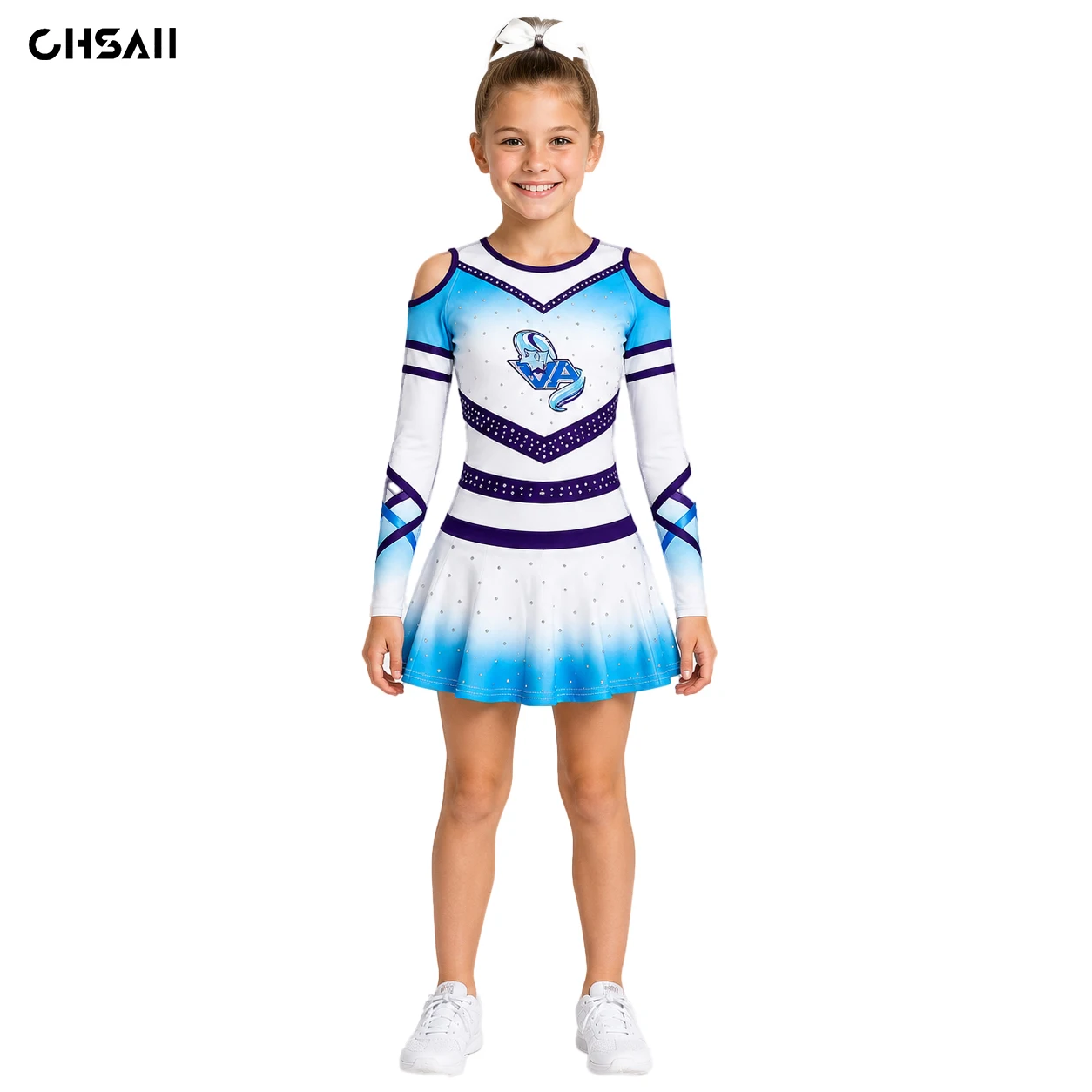 Girls Blue White Cheerleading Uniform Long Sleeve Rhinestone Cold Shoulder Dance Dress Costume Kids Competition Performance Suit
Girls Blue White Cheerleading Uniform Long Sleeve Rhinestone Cold Shoulder Dance Dress Costume Kids Competition Performance Suit