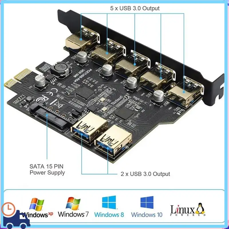 Новейшая плата расширения PCI-E USB 3.0 с 7-мя портами и 15-контактным разъемом питания SATA Адаптер PCIE X1 USB3.0 5 Гбит/с
Новейшая плата расширения PCI-E USB 3.0 с 7-мя портами и 15-контактным разъемом питания SATA Адаптер PCIE X1 USB3.0 5 Гбит/с