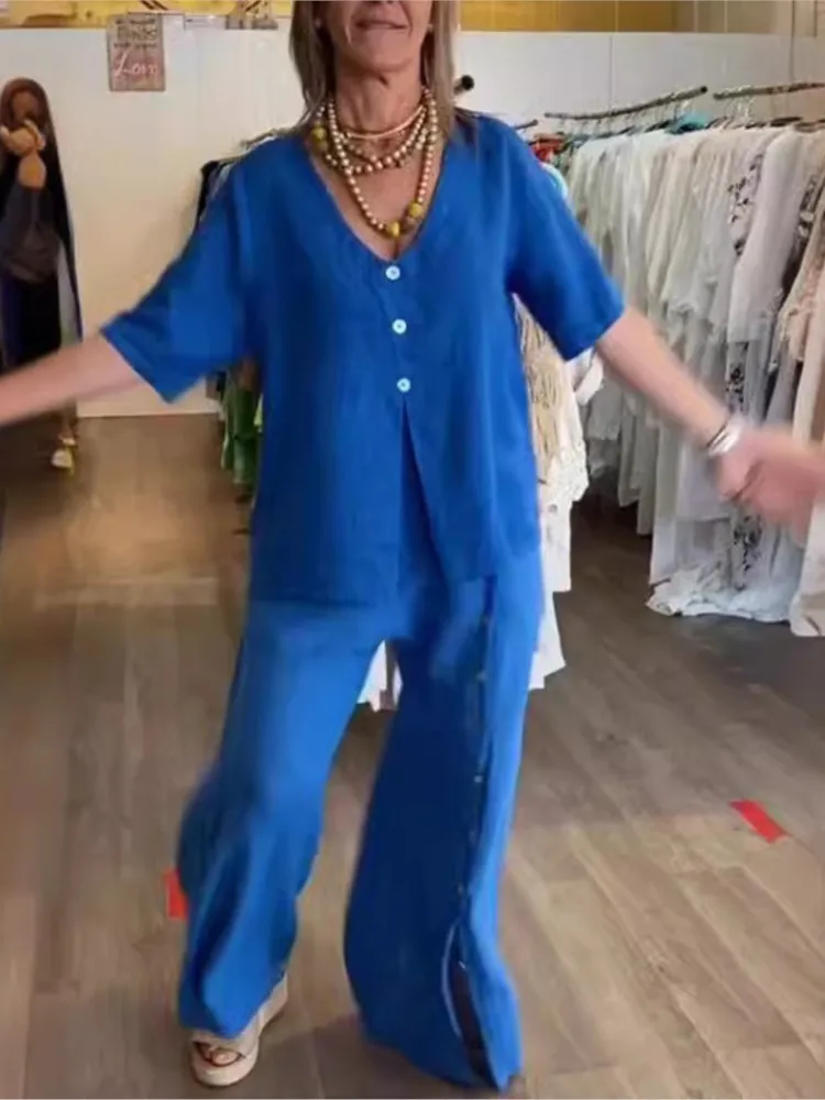 2025 Summer New Solid Color Cotton Hemp Set Short Sleeve Fashion Button Top Wide Leg Pants Two Piece Set Women's Wear Clothing
2025 Summer New Solid Color Cotton Hemp Set Short Sleeve Fashion Button Top Wide Leg Pants Two Piece Set Women's Wear Clothing