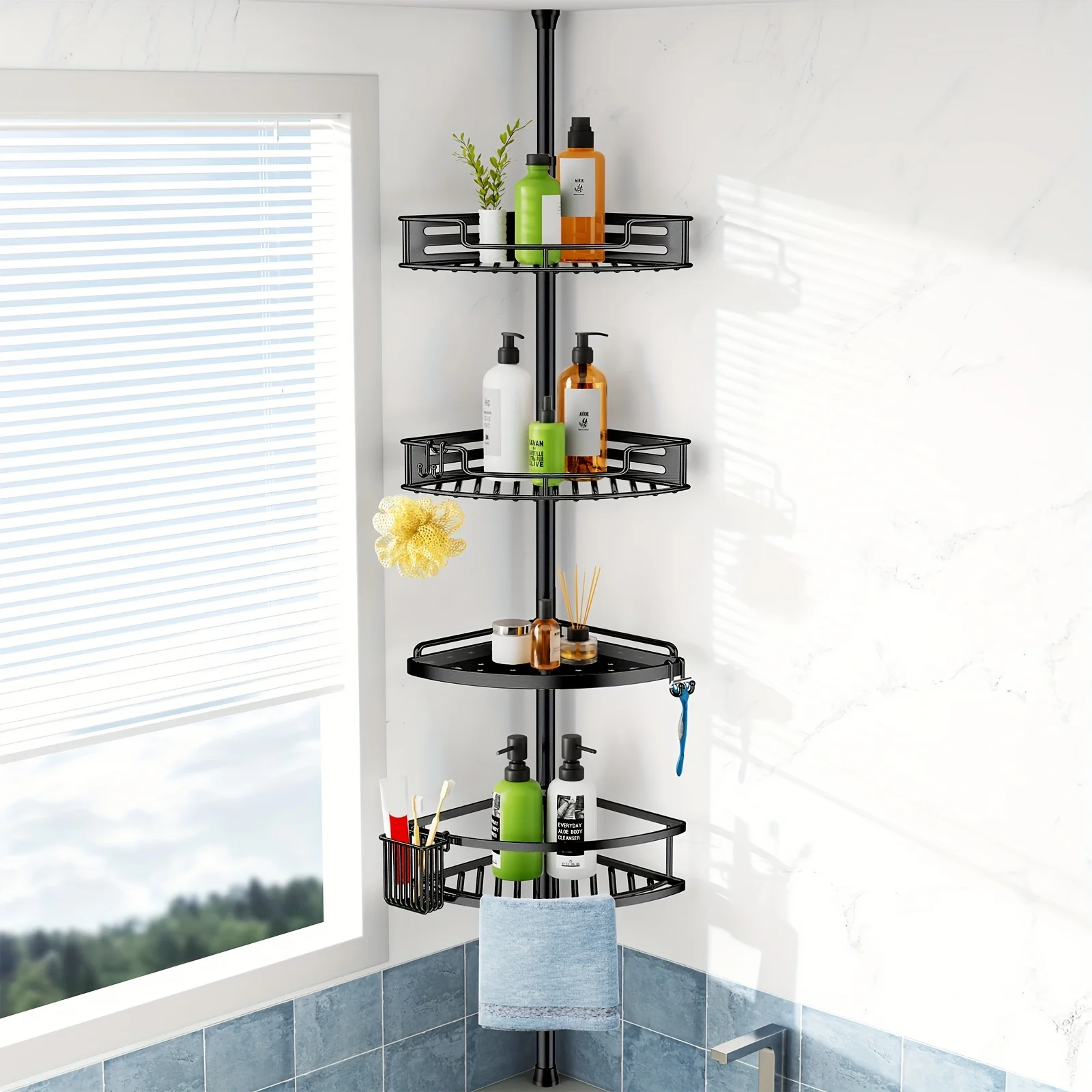 Corner Shower Tension Pole: Quick Installation 4-Tier Rustproof Bathroom Organizer Shelves for Bathtub Shampoo Storage - 47-121 inch Adjustable Floor Standing Bath Rack Holder - Silver
Corner Shower Tension Pole: Quick Installation 4-Tier Rustproof Bathroom Organizer Shelves for Bathtub Shampoo Storage - 47-121 inch Adjustable Floor Standing Bath Rack Holder - Silver