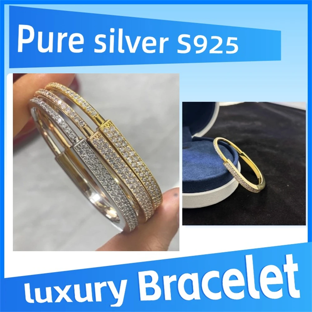 Pure 925 Sterling Silver Lock Bangle with Full Pavé Diamonds Luxury, elegance, charming party, charming temperament
Pure 925 Sterling Silver Lock Bangle with Full Pavé Diamonds Luxury, elegance, charming party, charming temperament