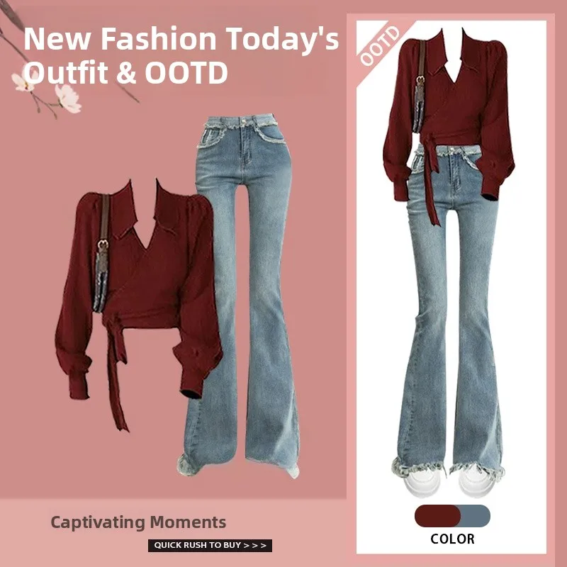 Spring Vintage Hong Kong Style Women's Fashion Set High Waist Flared Jeans And Red Shirt Slimming And Tall Look Denim Outfit
Spring Vintage Hong Kong Style Women's Fashion Set High Waist Flared Jeans And Red Shirt Slimming And Tall Look Denim Outfit
