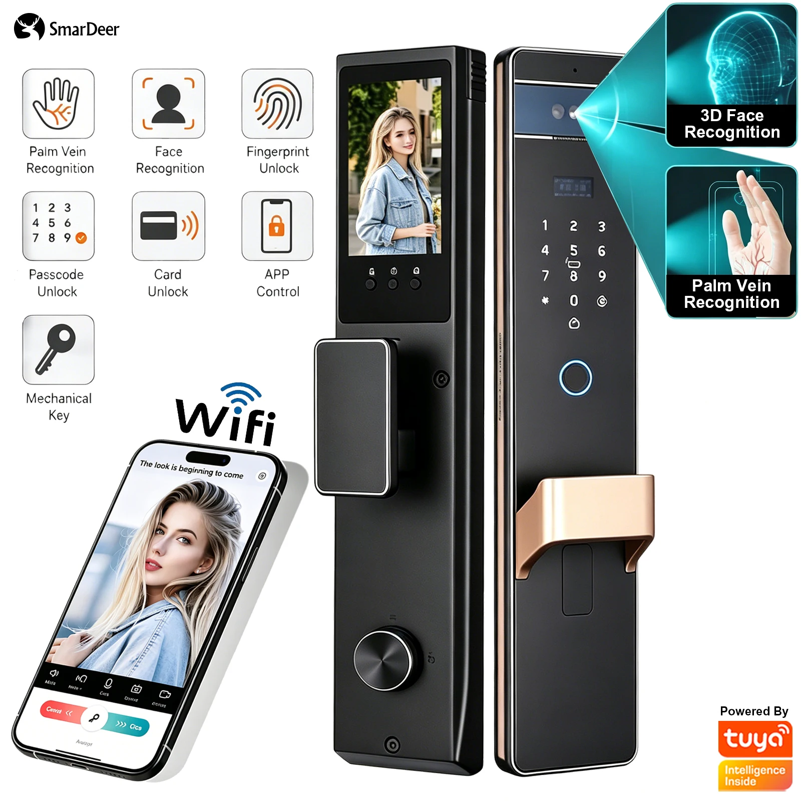  SmarDeer Face & Palm Vein Recognition Fingerprint Digital Lock,WiFi Smart Door Lock,Tuya App Remote Real-time Video Call
SmarDeer Face & Palm Vein Recognition Fingerprint Digital Lock,WiFi Smart Door Lock,Tuya App Remote Real-time Video Call