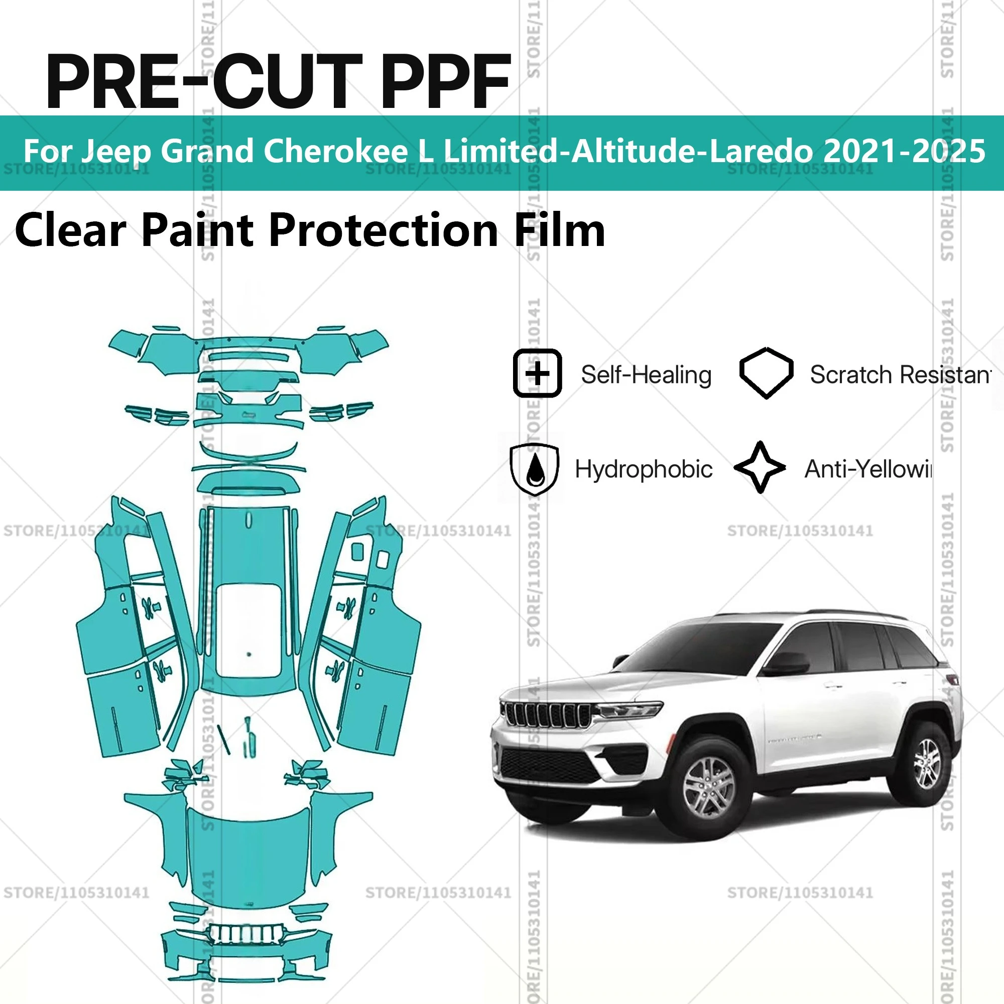 Предварительно нарезанная прозрачная защитная пленка PPF для автомобилей Jeep Grand Cherokee L Limited-Altitude-Laredo 2021-2025
Предварительно нарезанная прозрачная защитная пленка PPF для автомобилей Jeep Grand Cherokee L Limited-Altitude-Laredo 2021-2025
