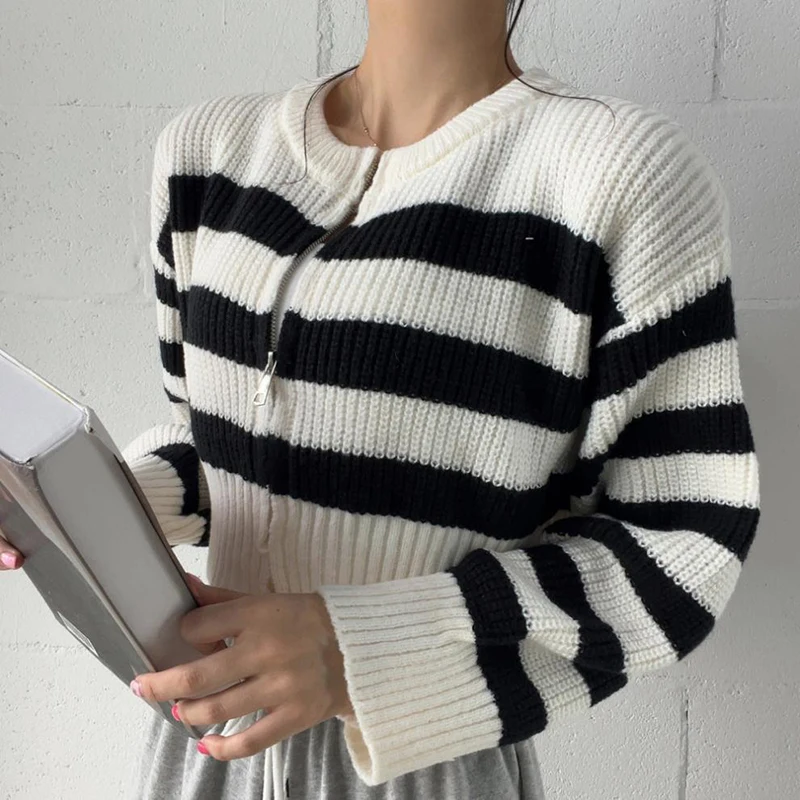 Women Fall Winter Cardigan Sweater Patchwork Striped Vintage Zipper Sweater O-Neck Casual Knit Outerwear Long Sleeved Crop Top
Women Fall Winter Cardigan Sweater Patchwork Striped Vintage Zipper Sweater O-Neck Casual Knit Outerwear Long Sleeved Crop Top