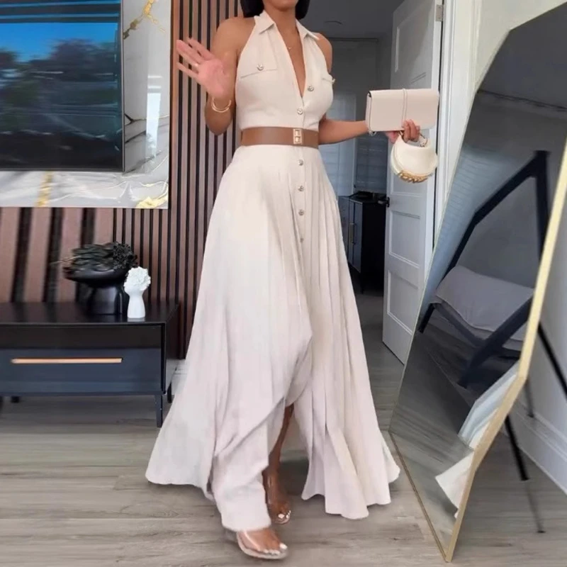 Summer 2025 New Solid Color Sleeveless Backless Waist Cinched Women's Midi Shirt Dress
Summer 2025 New Solid Color Sleeveless Backless Waist Cinched Women's Midi Shirt Dress