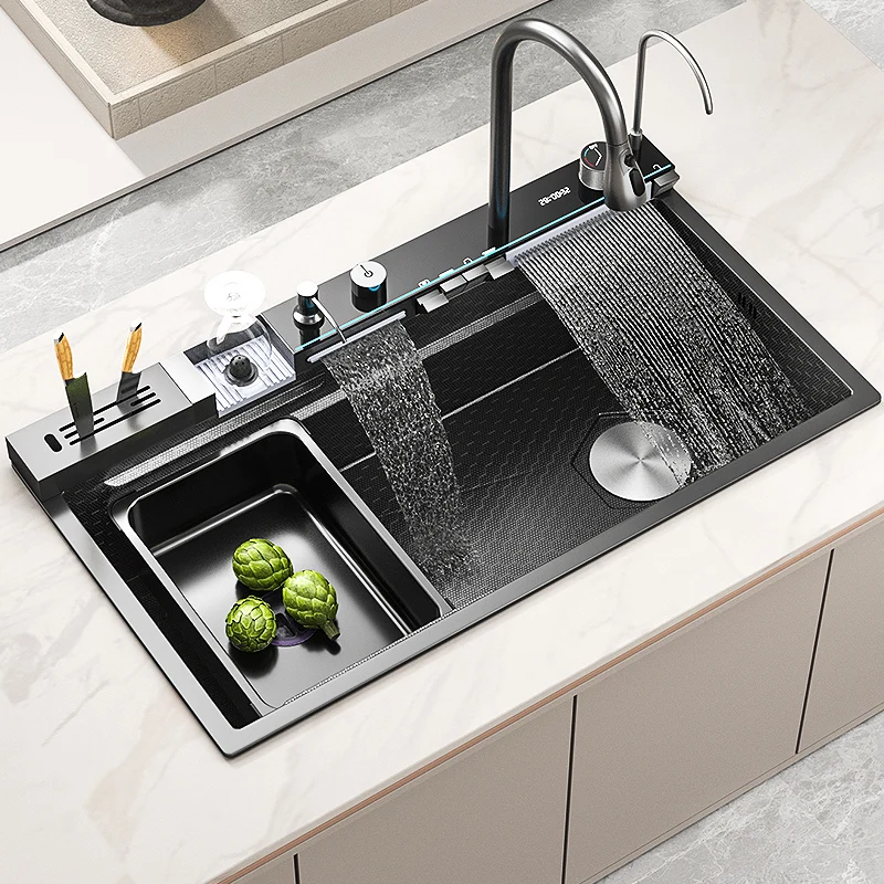Stainless Steel Kitchen Sink Double Waterfall Single Slot Integrated Digital Display Faucet Set Soap dispenser Cup Washer
Stainless Steel Kitchen Sink Double Waterfall Single Slot Integrated Digital Display Faucet Set Soap dispenser Cup Washer