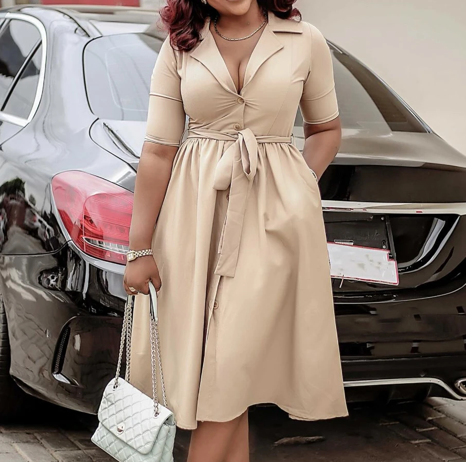 Women's fashionable and elegant dress 2024 summer new suit collar short sleeved solid color waist cinching dress
Women's fashionable and elegant dress 2024 summer new suit collar short sleeved solid color waist cinching dress