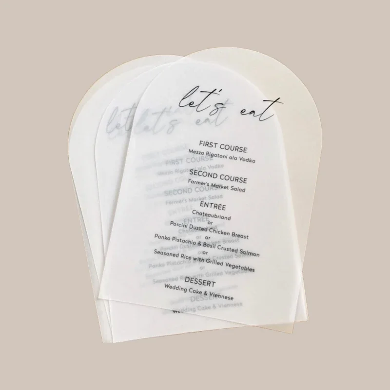 Customized Semi Transparent Dining Plate Card Minimalist Wedding logo Ideas Arch Paper menu Card 120x170mm 100Pcs
Customized Semi Transparent Dining Plate Card Minimalist Wedding logo Ideas Arch Paper menu Card 120x170mm 100Pcs