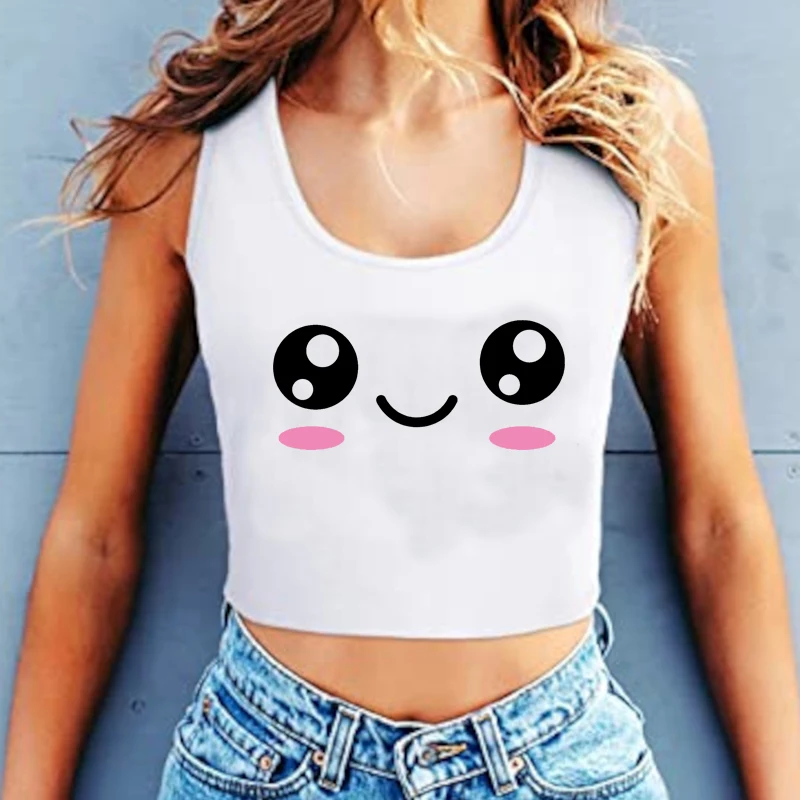 Женский укороченный топ без рукавов, с мультяшным принтом лица
Женский укороченный топ без рукавов, с мультяшным принтом лица