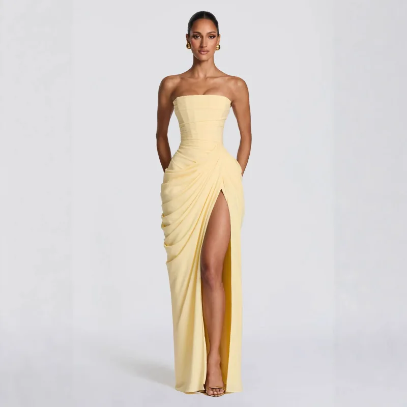 Women's strapless pleated long dress with high slit and flowing design, formal evening gown, 2026 new style
Women's strapless pleated long dress with high slit and flowing design, formal evening gown, 2026 new style