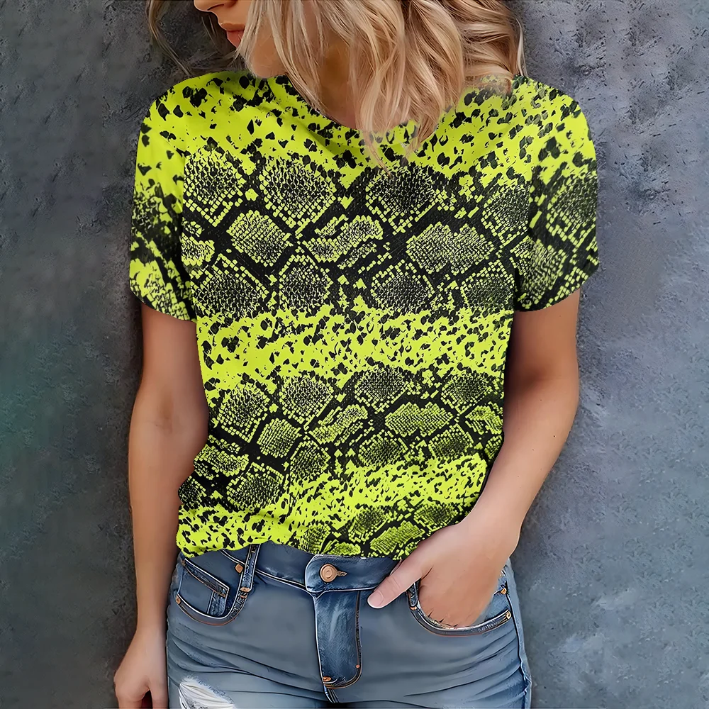 Неоново-желтая женская футболка с принтом из змеиной кожи - повседневный модный стиль, летняя футболка с круглым вырезом и коротким рукавом
Неоново-желтая женская футболка с принтом из змеиной кожи - повседневный модный стиль, летняя футболка с круглым вырезом и коротким рукавом