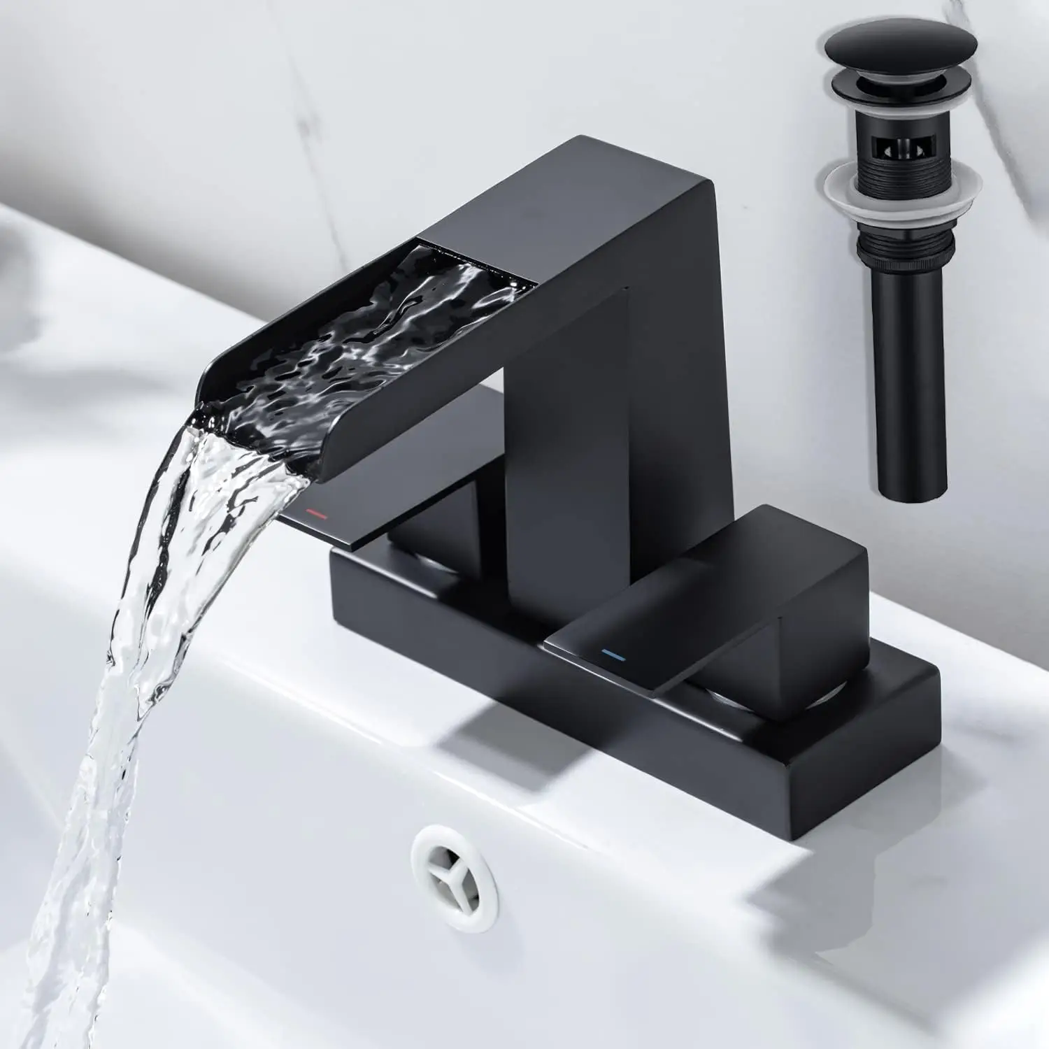 4 Inch Centerset Waterfall Bathroom Faucet with Pop-Up Drain, Matte Black Finish
4 Inch Centerset Waterfall Bathroom Faucet with Pop-Up Drain, Matte Black Finish